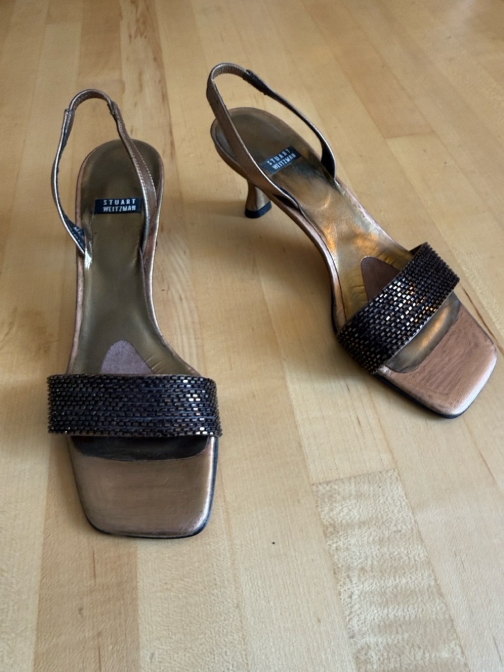 Stuart Weitzman Bronze Metallic Slingback Heels with Dark Brown Beaded Strap